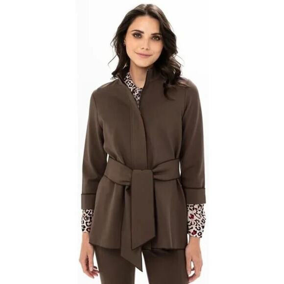 NWT Renuar Ponte Tie Waist Mock Neck Jacket Chocolate Brown Size XL $198 MSRP - Picture 1 of 5